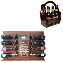 Adega de Parede Art Madeira para Champagne 8 Garrafas + Cesta Porta Cervejas Long Necks 6 Garrafas