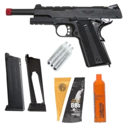 Kit Airsoft 1911 + Magazine + Cartucho Green Gás + 3 Cilindro CO2 + 4Mil BB's Kit Airsoft 1911 + Magazine + Cartucho Green Gás + 3 Cilindro CO2 + 4Mil BB's