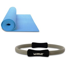 Kit Anel de Pilates Toning Ring LIVEUP LS3167CZ Cinza + Colchonete de Yoga Azul LiveUp LS3231B