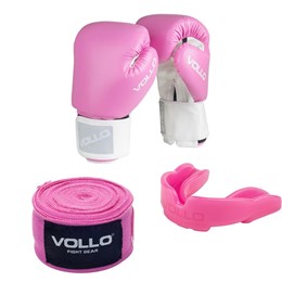 Kit com Luva de Boxe COMBAT 14 OZ Rosa Vollo VFG303 + Bandagem Elástica + Protetor Bucal Moldável