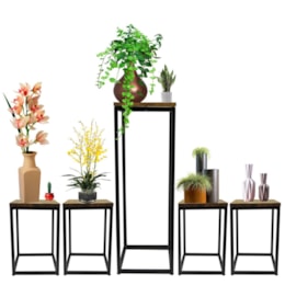 Kit de Floreiras p/ 5 Vasos em Metalon Preto e Pinus Imbuia Kit de Floreiras p/ 5 Vasos em Metalon Preto e Pinus Imbuia