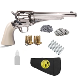Revólver de Pressão Remington + 6 CO2 + Capa + 300 Esferas e 250 Chumbinhos Revólver de Pressão Remington + 6 CO2 + Capa + 300 Esferas e 250 Chumbinhos